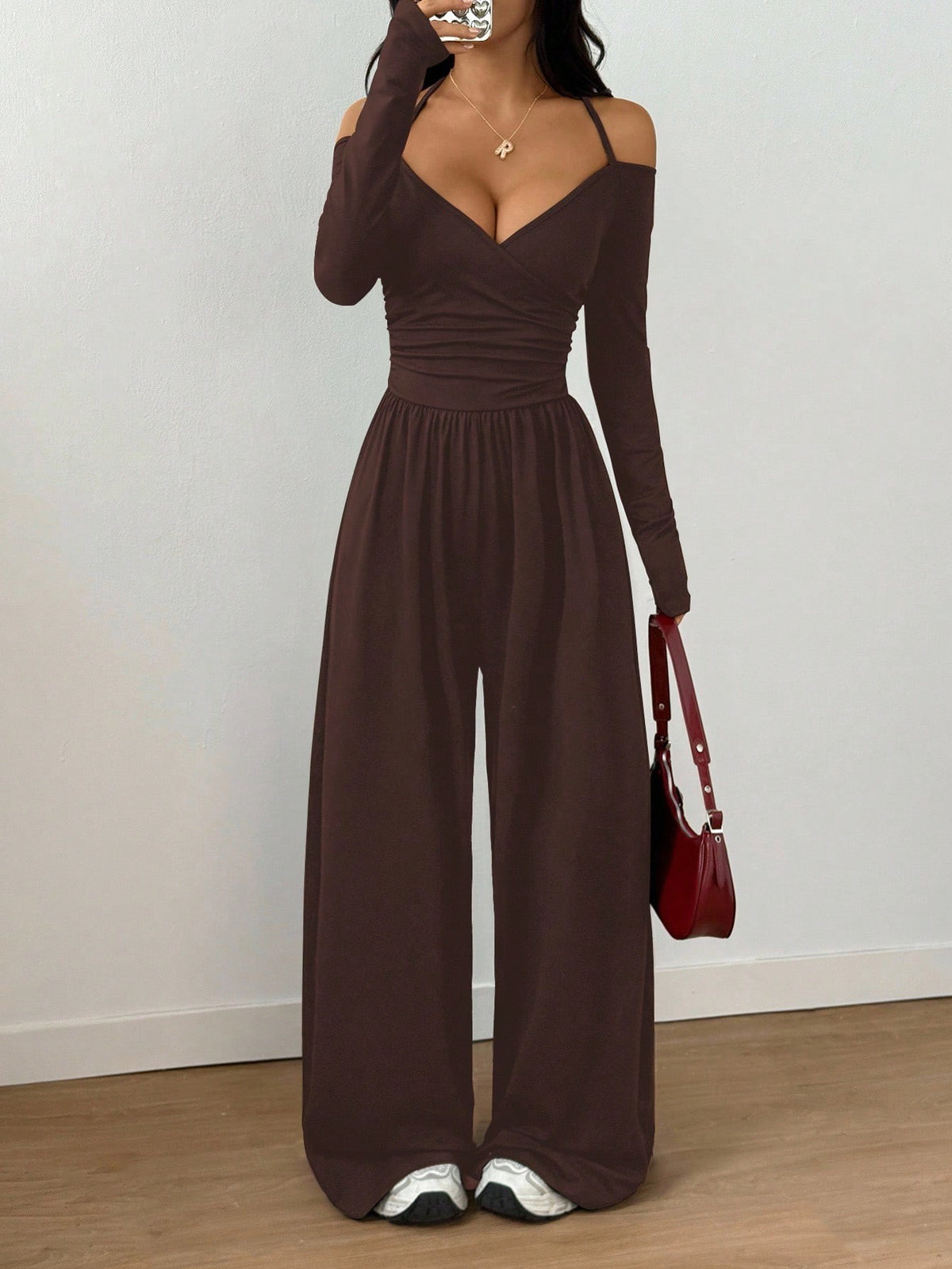 Women's Solid Color Knit Off-Shoulder Pleated Wide-Leg Jumpsuit