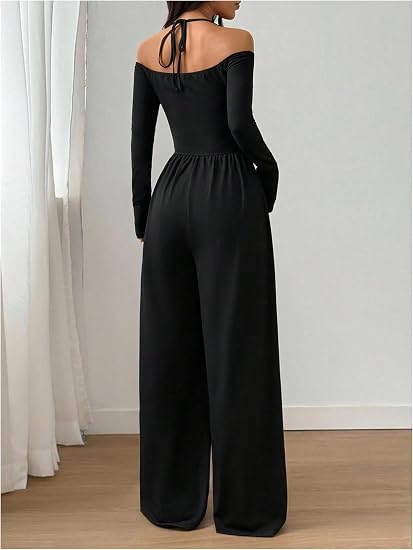 Women's Solid Color Knit Off-Shoulder Pleated Wide-Leg Jumpsuit