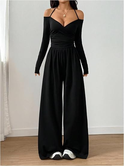 Women's Solid Color Knit Off-Shoulder Pleated Wide-Leg Jumpsuit