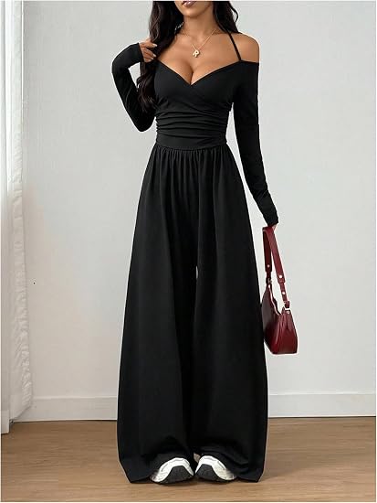 Women's Solid Color Knit Off-Shoulder Pleated Wide-Leg Jumpsuit