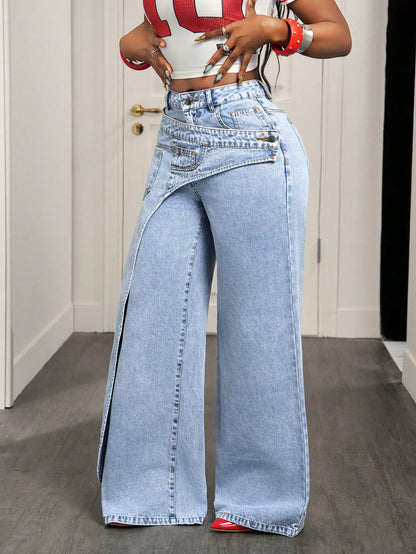 Women Irregular Asymmetrical Wrap Waist Wide Leg Denim Jeans