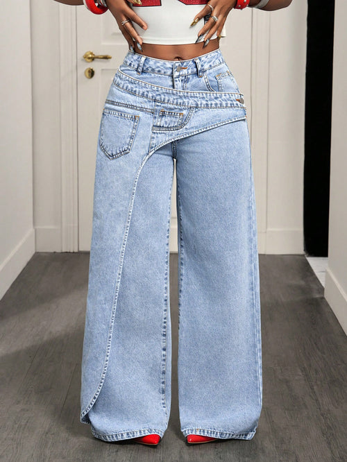 Women Irregular Asymmetrical Wrap Waist Wide Leg Denim Jeans