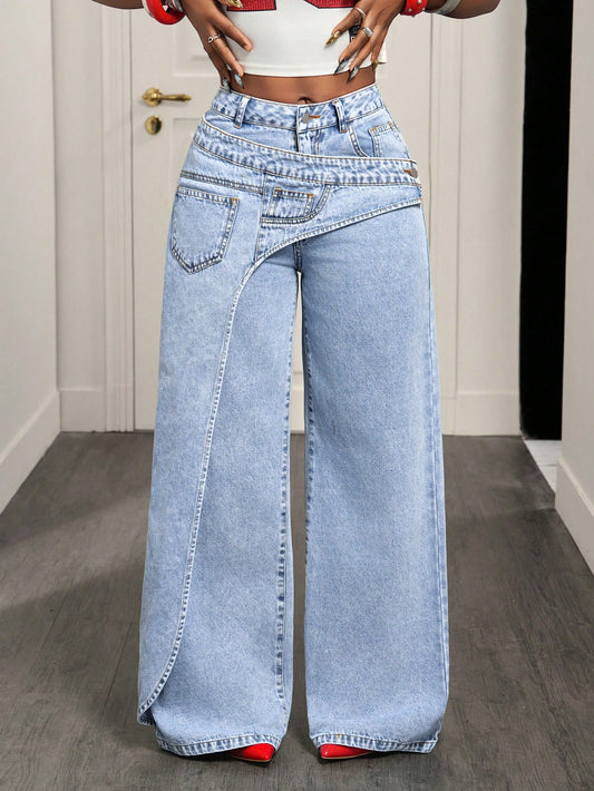 Women Irregular Asymmetrical Wrap Waist Wide Leg Denim Jeans
