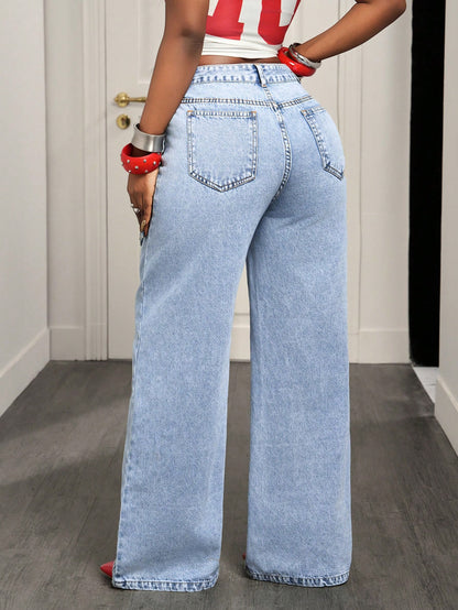 Women Irregular Asymmetrical Wrap Waist Wide Leg Denim Jeans