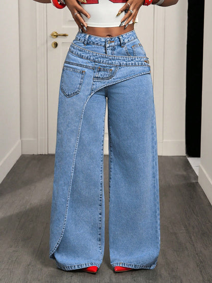 Women Irregular Asymmetrical Wrap Waist Wide Leg Denim Jeans