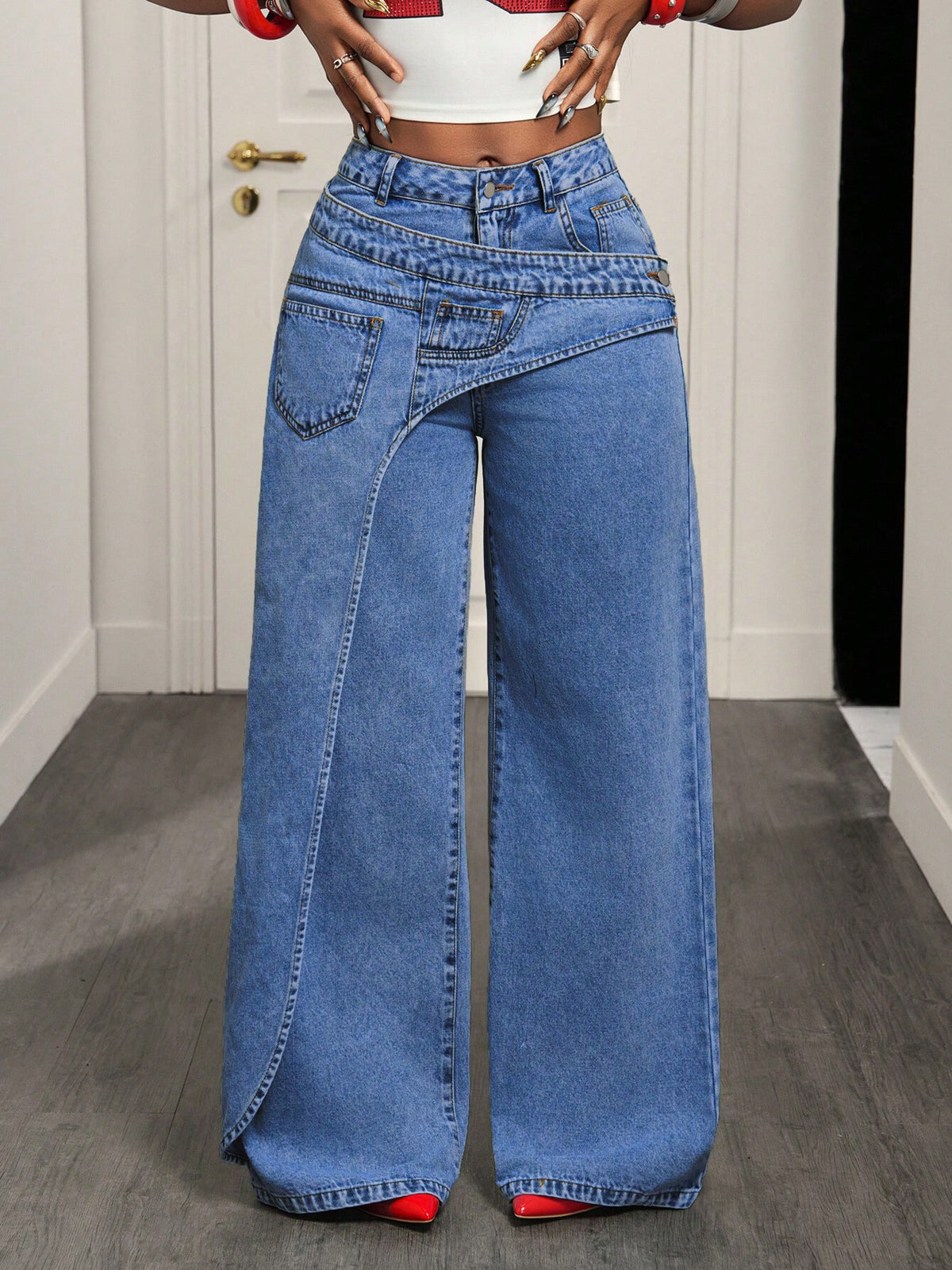 Women Irregular Asymmetrical Wrap Waist Wide Leg Denim Jeans