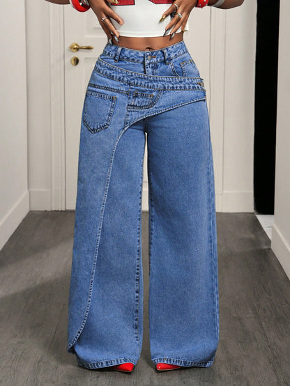 Women Irregular Asymmetrical Wrap Waist Wide Leg Denim Jeans
