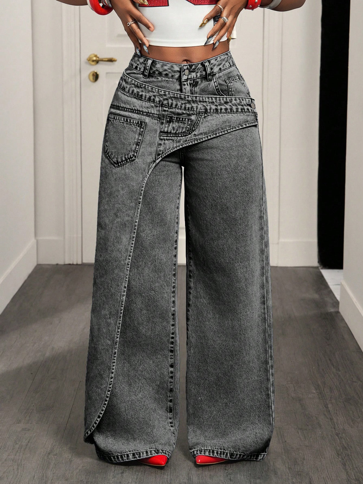 Women Irregular Asymmetrical Wrap Waist Wide Leg Denim Jeans