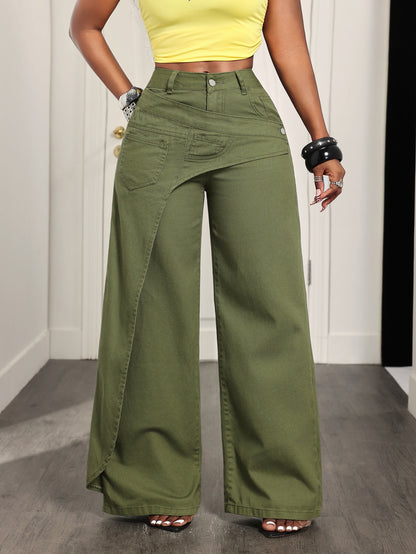 Women Irregular Asymmetrical Wrap Waist Wide Leg Denim Jeans
