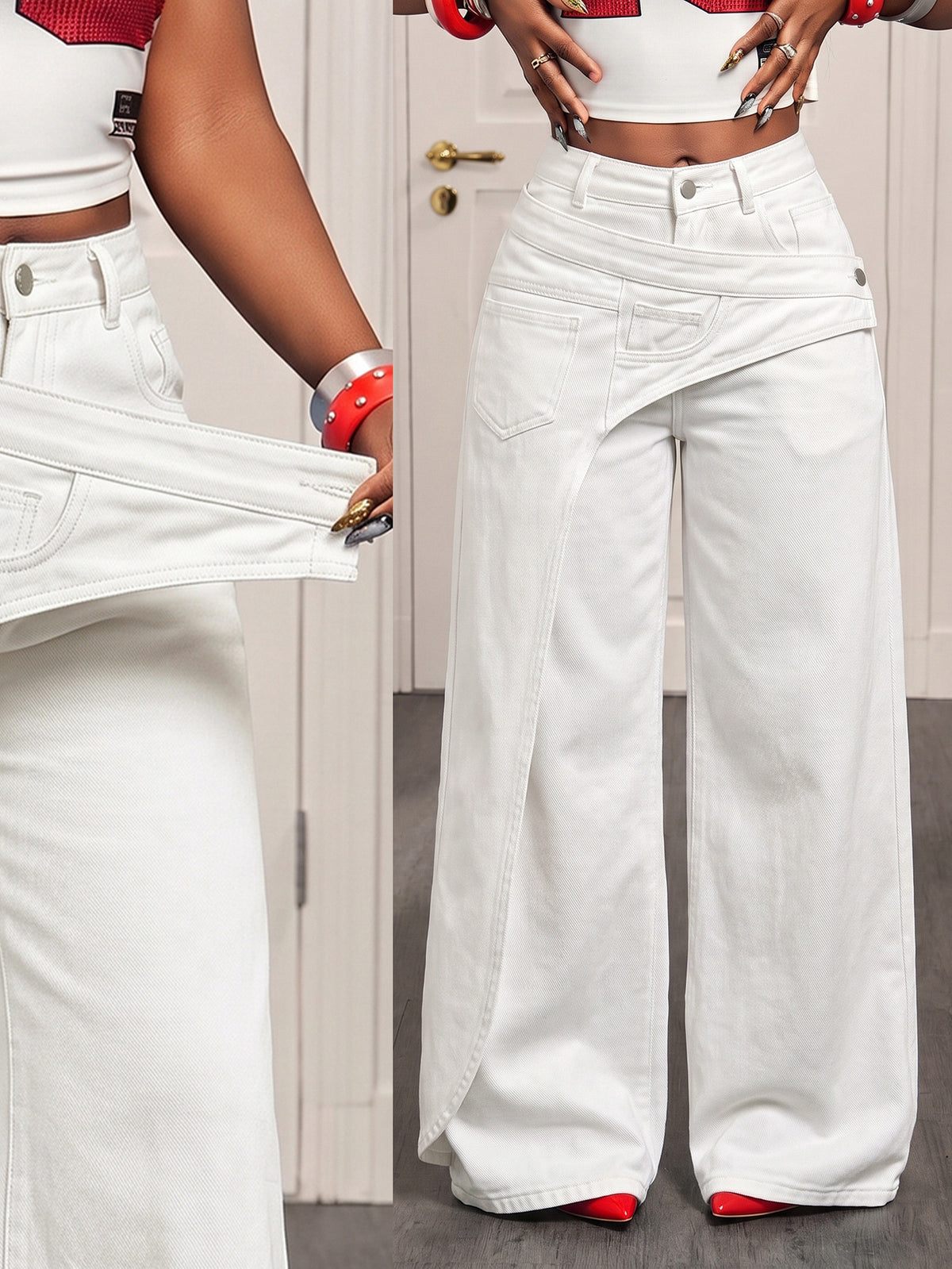 Women Irregular Asymmetrical Wrap Waist Wide Leg Denim Jeans
