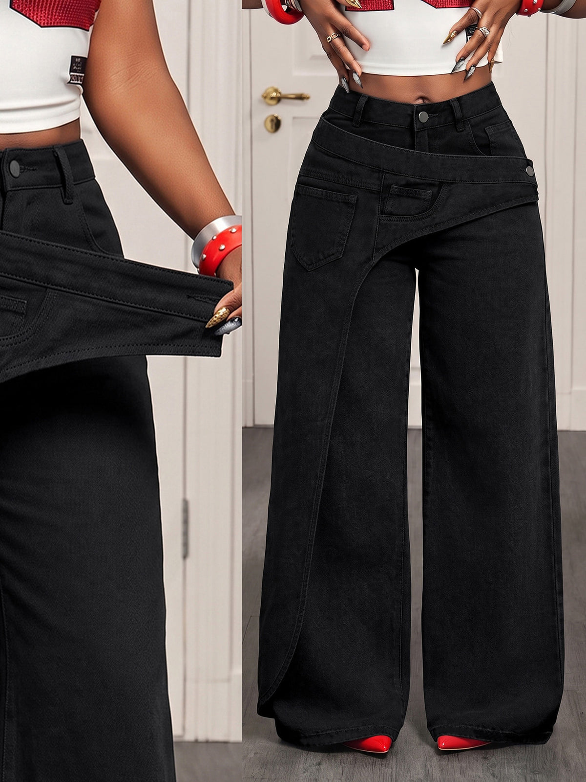 Women Irregular Asymmetrical Wrap Waist Wide Leg Denim Jeans