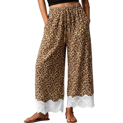 Women's Leopard-Print Corduroy Wide-Leg Cropped Pants with Lace Hem
