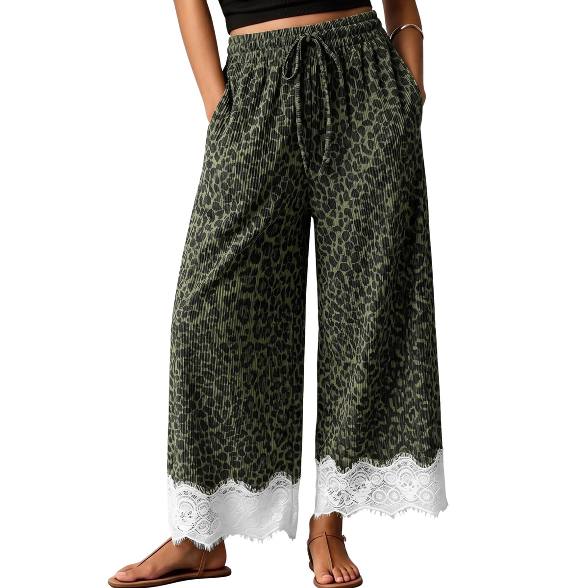 Women's Leopard-Print Corduroy Wide-Leg Cropped Pants with Lace Hem