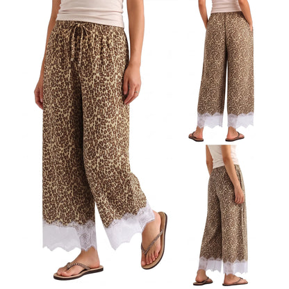 Women's Leopard-Print Corduroy Wide-Leg Cropped Pants with Lace Hem