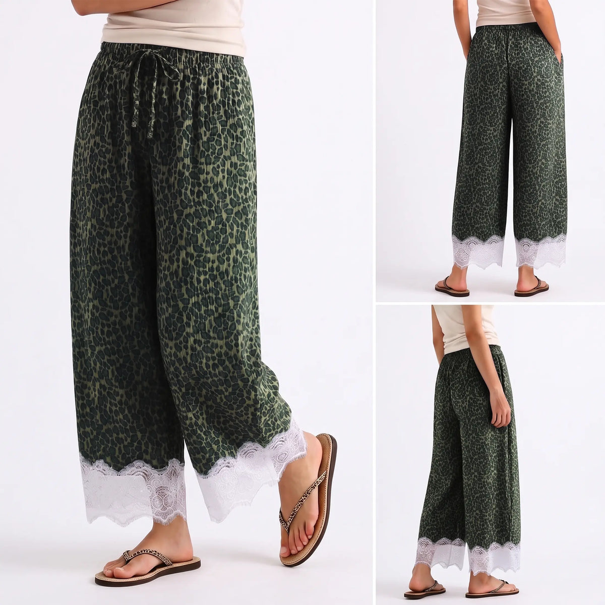 Women's Leopard-Print Corduroy Wide-Leg Cropped Pants with Lace Hem
