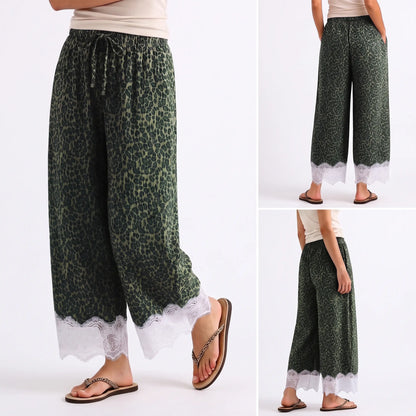 Women's Leopard-Print Corduroy Wide-Leg Cropped Pants with Lace Hem