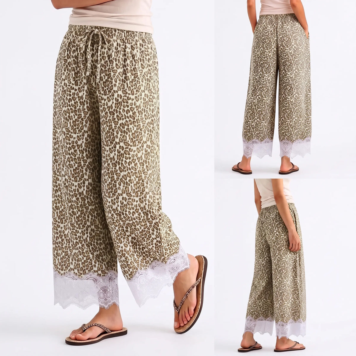 Women's Leopard-Print Corduroy Wide-Leg Cropped Pants with Lace Hem