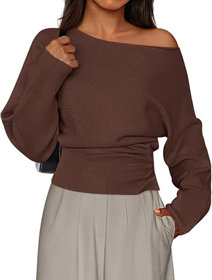 Womens‘ Off Shoulder Knit Top Fall Sweater Trendy Long Batwing Sleeve Pullover Going Out Tops Winter Clothing