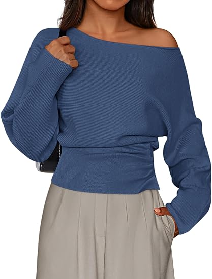 Womens‘ Off Shoulder Knit Top Fall Sweater Trendy Long Batwing Sleeve Pullover Going Out Tops Winter Clothing