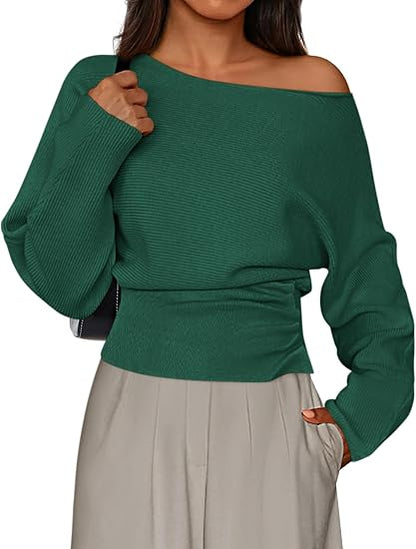 Womens‘ Off Shoulder Knit Top Fall Sweater Trendy Long Batwing Sleeve Pullover Going Out Tops Winter Clothing
