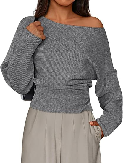 Womens‘ Off Shoulder Knit Top Fall Sweater Trendy Long Batwing Sleeve Pullover Going Out Tops Winter Clothing