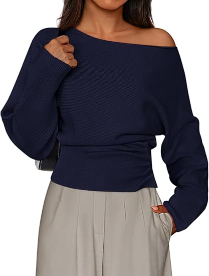 Womens‘ Off Shoulder Knit Top Fall Sweater Trendy Long Batwing Sleeve Pullover Going Out Tops Winter Clothing