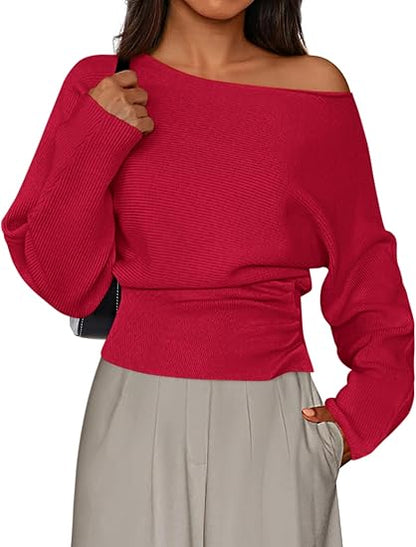 Womens‘ Off Shoulder Knit Top Fall Sweater Trendy Long Batwing Sleeve Pullover Going Out Tops Winter Clothing