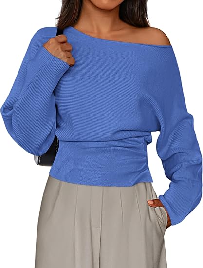 Womens‘ Off Shoulder Knit Top Fall Sweater Trendy Long Batwing Sleeve Pullover Going Out Tops Winter Clothing