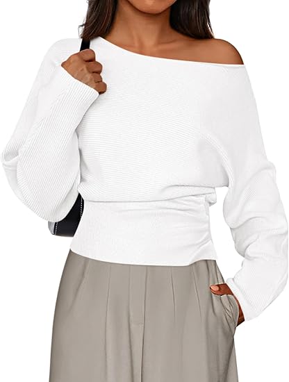 Womens‘ Off Shoulder Knit Top Fall Sweater Trendy Long Batwing Sleeve Pullover Going Out Tops Winter Clothing