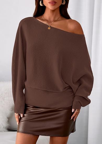 Womens‘ Off Shoulder Knit Top Fall Sweater Trendy Long Batwing Sleeve Pullover Going Out Tops Winter Clothing