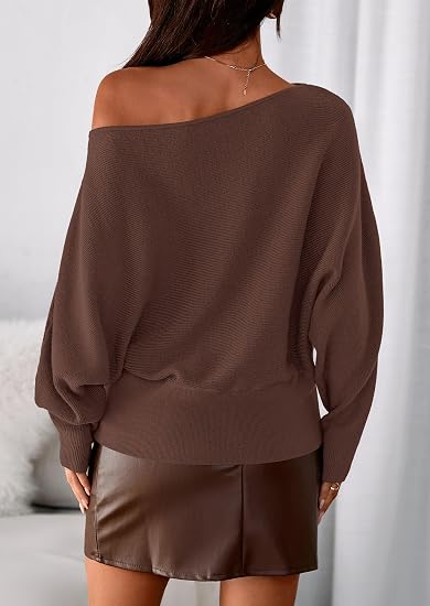 Womens‘ Off Shoulder Knit Top Fall Sweater Trendy Long Batwing Sleeve Pullover Going Out Tops Winter Clothing