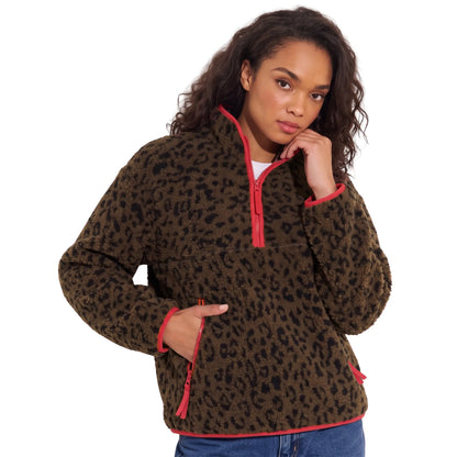 Women's Fuzzy Leopard Print Half Zip Fleece Jacket Long Sleeve Sherpa Pullover Sweatshirt