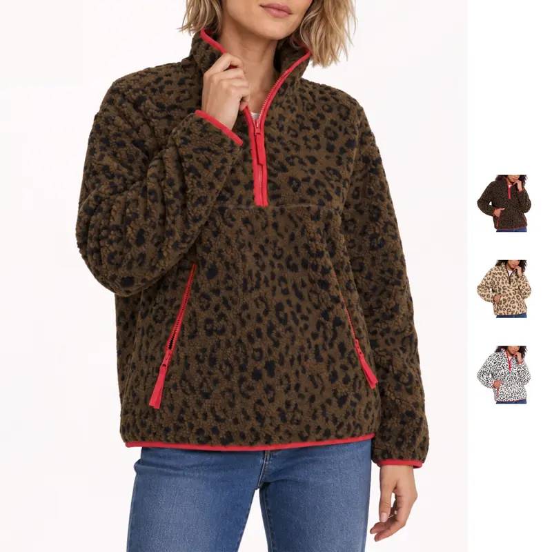 Women's Fuzzy Leopard Print Half Zip Fleece Jacket Long Sleeve Sherpa Pullover Sweatshirt