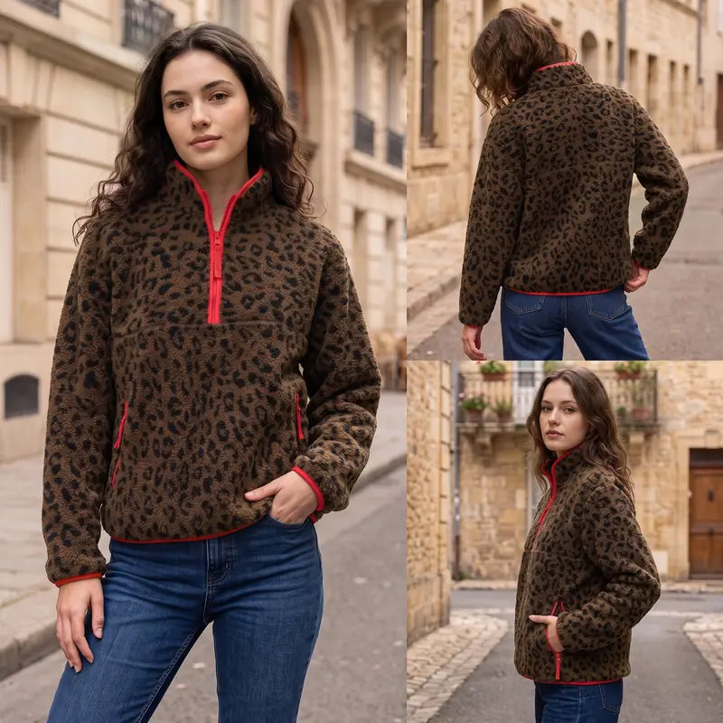 Women's Fuzzy Leopard Print Half Zip Fleece Jacket Long Sleeve Sherpa Pullover Sweatshirt