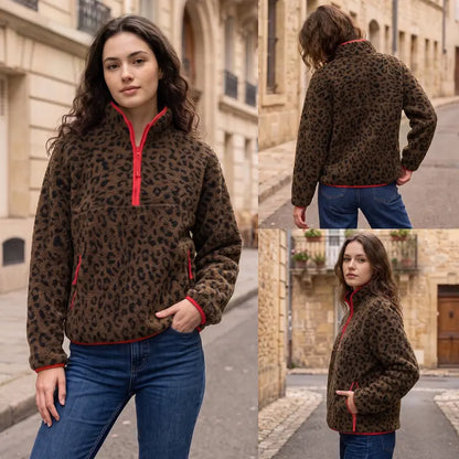 Women's Fuzzy Leopard Print Half Zip Fleece Jacket Long Sleeve Sherpa Pullover Sweatshirt
