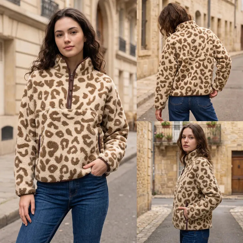 Women's Fuzzy Leopard Print Half Zip Fleece Jacket Long Sleeve Sherpa Pullover Sweatshirt