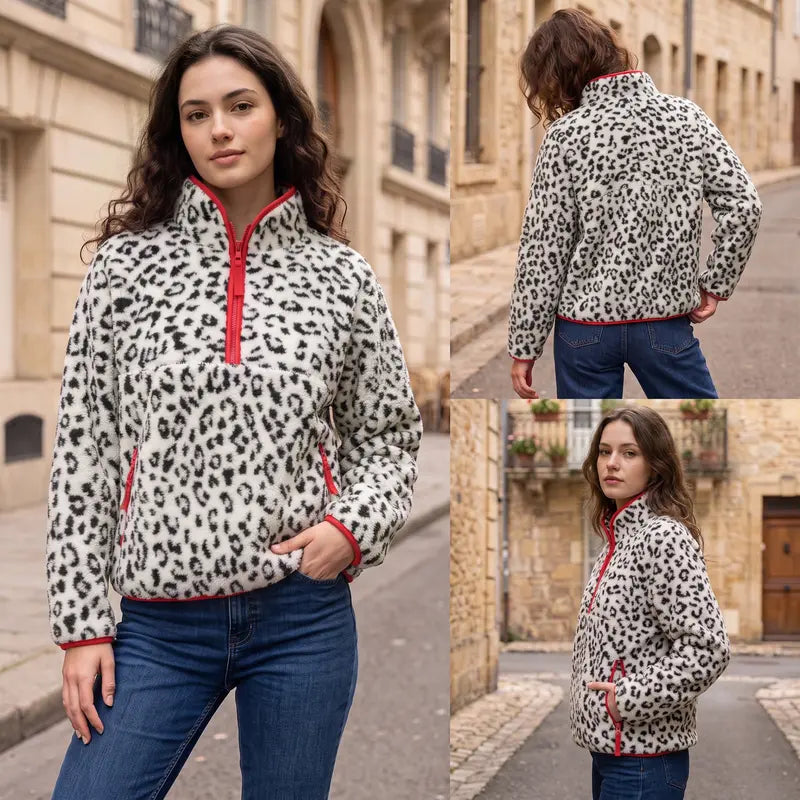 Women's Fuzzy Leopard Print Half Zip Fleece Jacket Long Sleeve Sherpa Pullover Sweatshirt