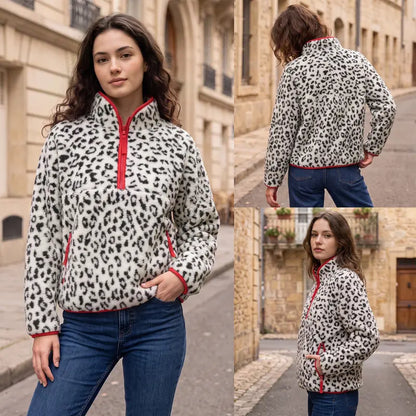 Women's Fuzzy Leopard Print Half Zip Fleece Jacket Long Sleeve Sherpa Pullover Sweatshirt