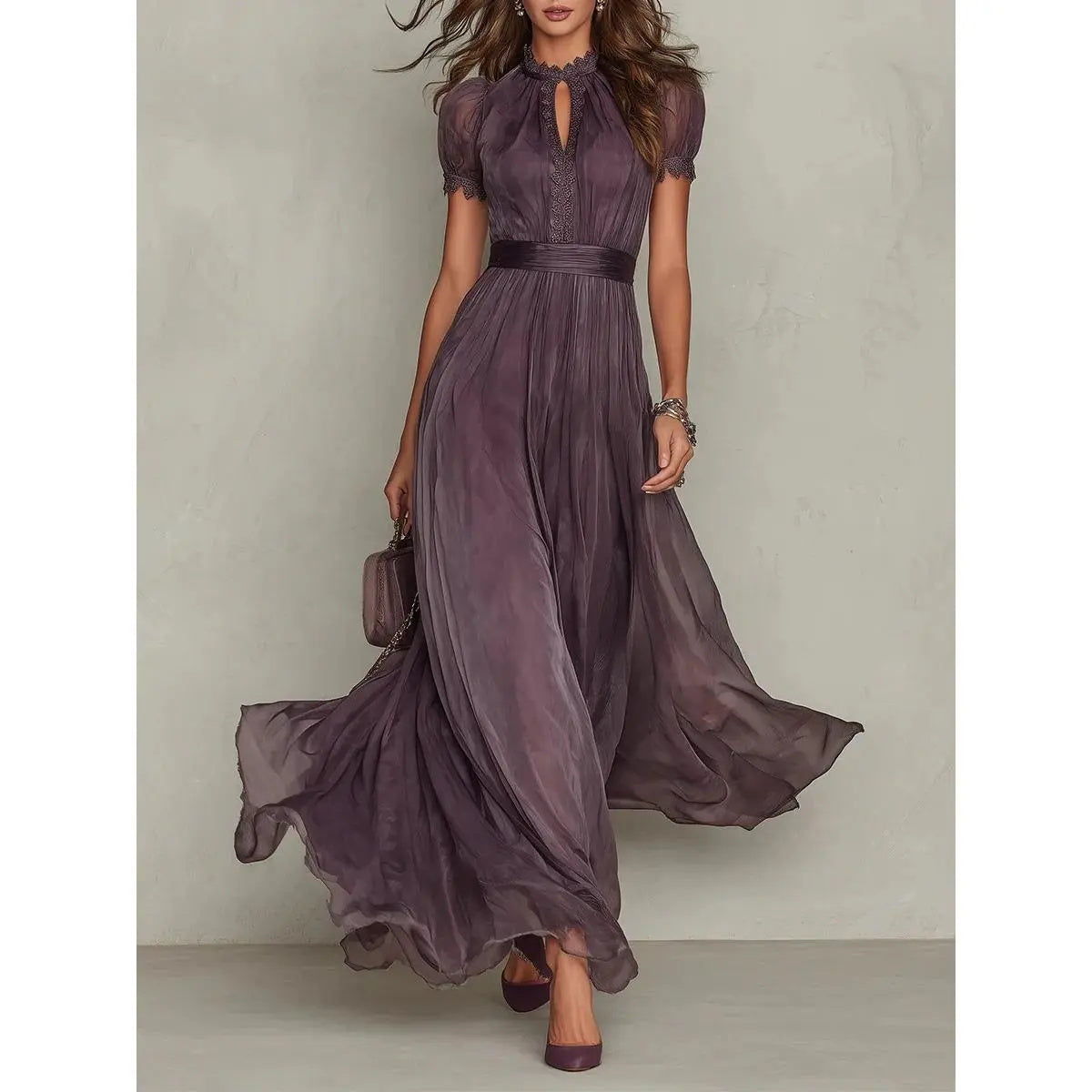 V-neck fitted waist ruffle dress