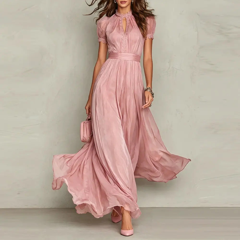 V-neck fitted waist ruffle dress
