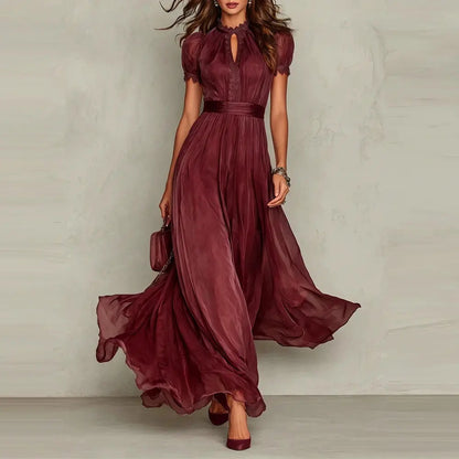 V-neck fitted waist ruffle dress