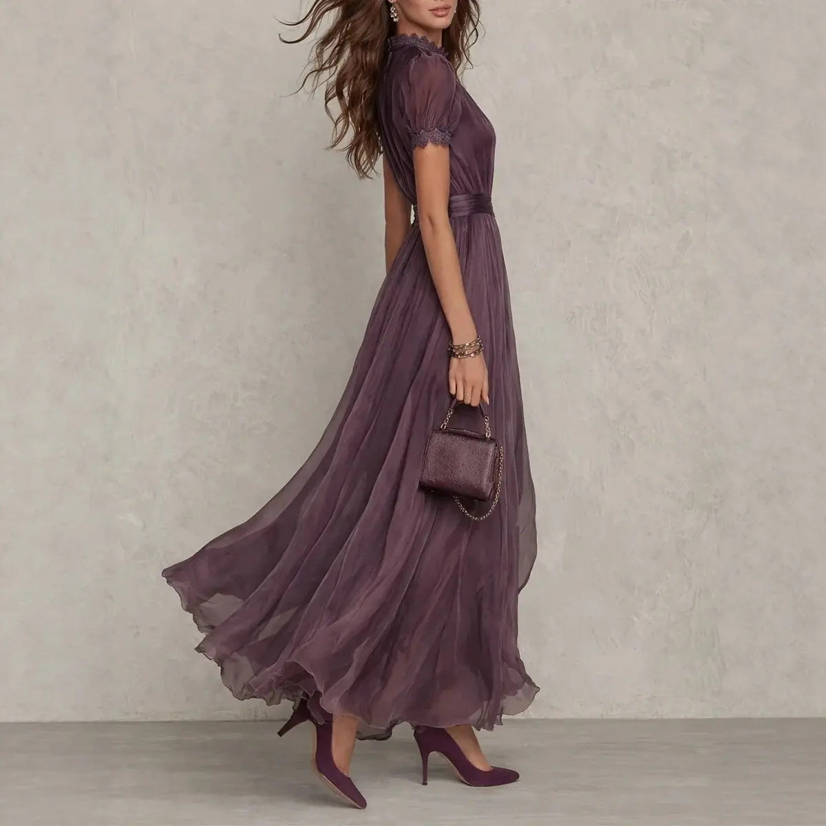 V-neck fitted waist ruffle dress