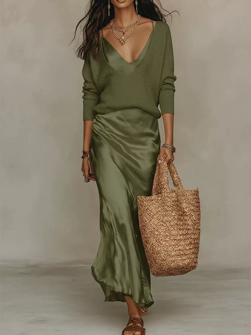 V-Neck Knit Sweater & Satin Slip Skirt 2 Piece Set