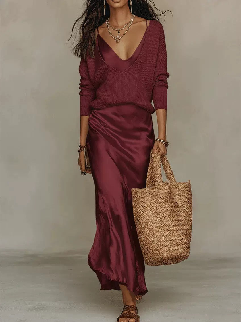 V-Neck Knit Sweater & Satin Slip Skirt 2 Piece Set