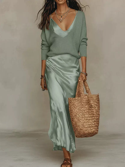 V-Neck Knit Sweater & Satin Slip Skirt 2 Piece Set