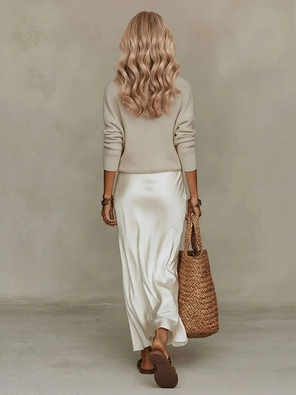 V-Neck Knit Sweater & Satin Slip Skirt 2 Piece Set