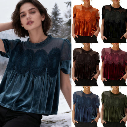 Women's Velvet Lace Short-Sleeved Top