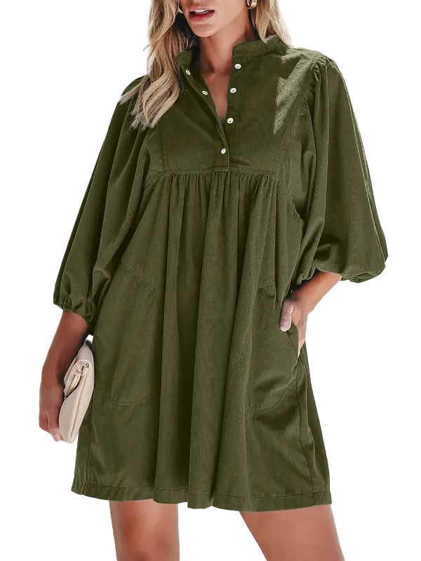 Women's Button Up Empire Waist Corduroy Dress