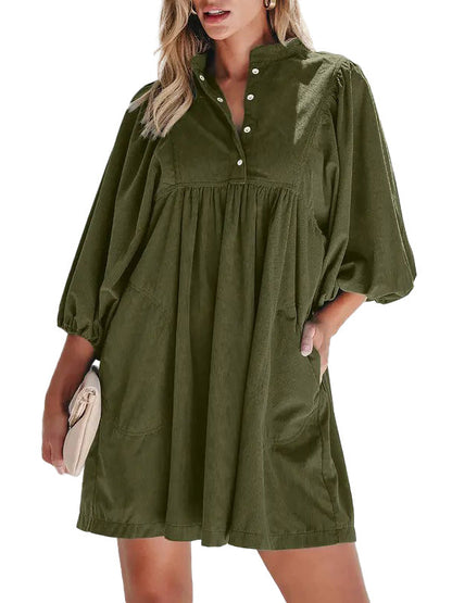 Women's Button Up Empire Waist Corduroy Dress