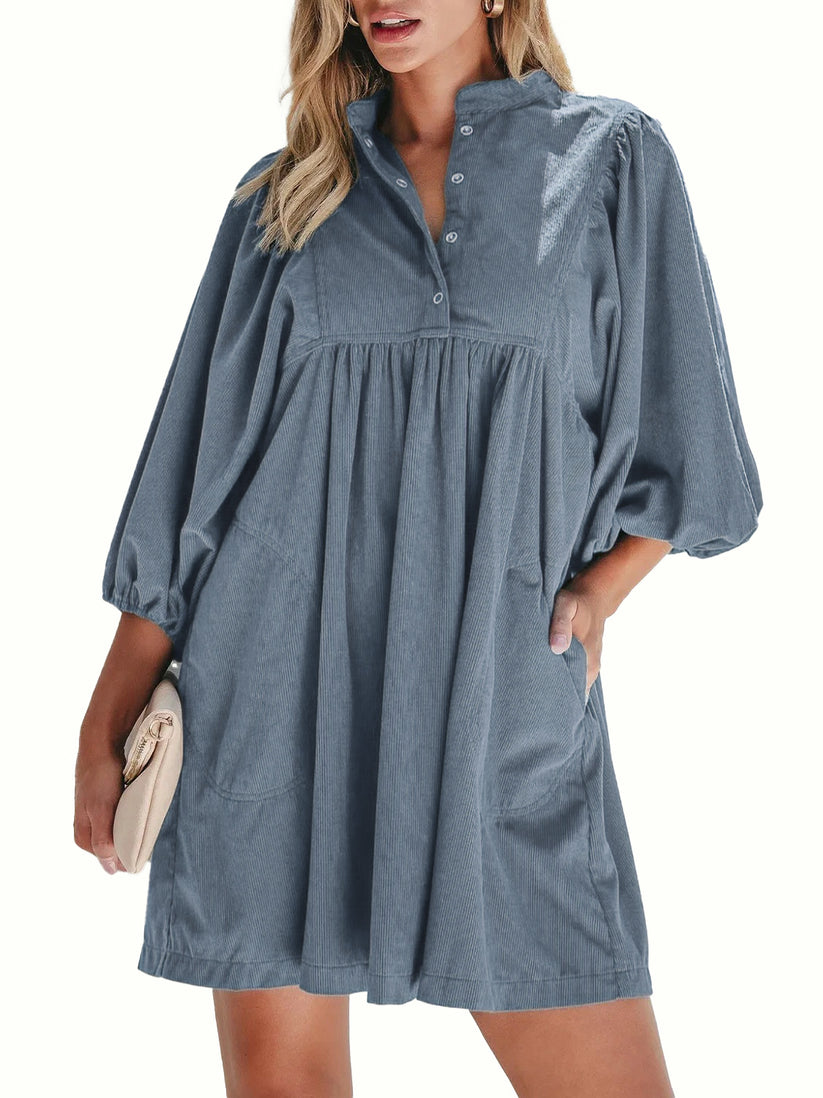 Women's Button Up Empire Waist Corduroy Dress